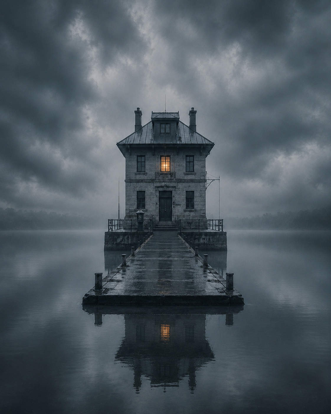 Einsames Schleusenwärterhaus auf einer Anlage im dunklen Wasser